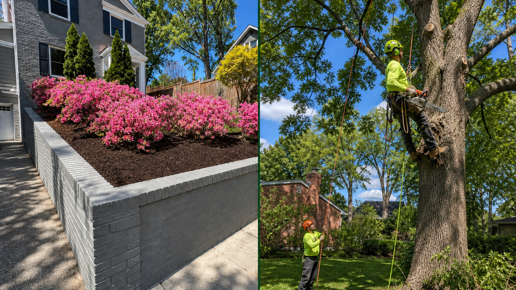 Finished landscaping project and professional arborist climbing a tree